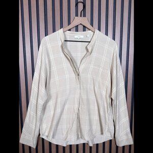 Vince Shirt Medium Womens Beige Collar 1 Button Long Sleeve Check Pattern Wool